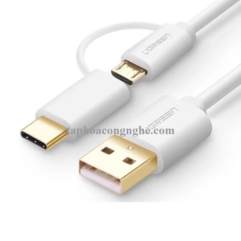 Ugreen 30170 0.5M màu trắng Cáp USB-A sang Micro USB + USB-C cao cấp US142 30030170